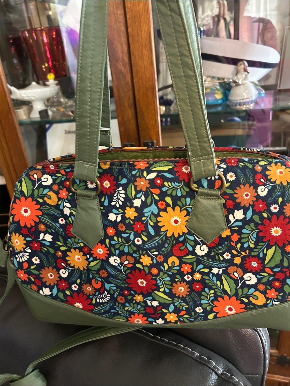 Handmade Floral Shoulder Bag – Olive Green & Navy Multicolor Boho Purse - Picture 11 of 14